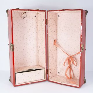 Vintage Red Doll Red White Metal Display Storage Box Case Steamer Trunk 12.  5 "