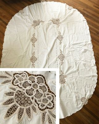 Antique / Old Vintage Linen & Crochet Lace Floral Oval Tablecloth 68 " X 92”