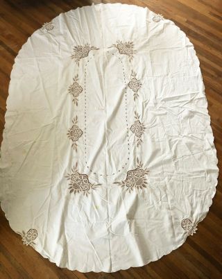 Antique / Old Vintage Linen & Crochet Lace Floral Oval Tablecloth 68 