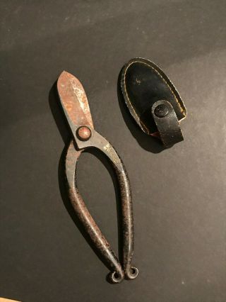 Antique Iron Signed Japanese Bonsai Clippers,  Cutters Tin Snips,  Leather Case