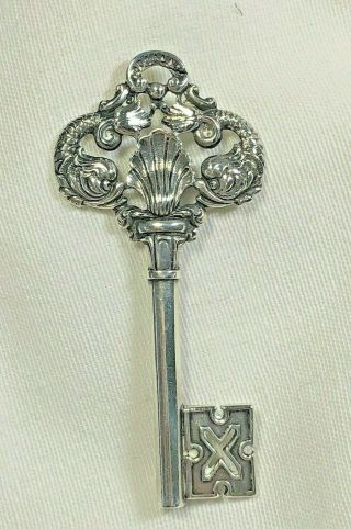 Rare Huge Vintage Cini Sterling Silver Key Brooch,  Detailed Fish & Shell Motif