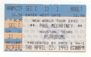 Rare Paul Mccartney 4/22/93 Houston Tx The Astrodome Concert Ticket Stub