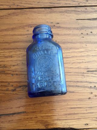 Rare Vintage Phillips Milk Of Magnesia Tablets Cobalt Blue Glass Bottle.  3 1/2 "