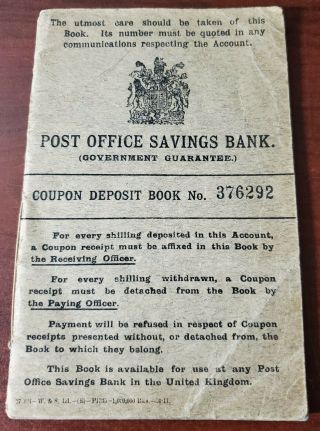 Antique Post Office Savings Bank - Coupon Deposit Book 1912 - 2 Stamps - U.  K.