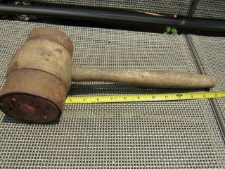 Antique Vintage Wood Mallet Hammer With Iron Rings Barrel Plug Tool