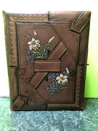 Ornate Hand Tooled Antique Leather Photo Album Book Brass Clasp Brown Gold