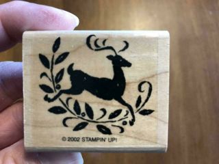 Rare Rubber Stamp 2002 Stampin Up Xmas Reindeer With Leaves Holly Winter Card