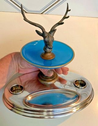 Rare Antique French Blue Opaline Glass Silverplate Bronze Mount Deerhead Inkwell