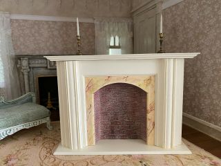Vintage Miniature Dollhouse Fireplace Mantle White Wood Faux Marble & Bricks