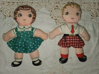 2 Vintage Boy Girl Hand Sewn Fabric Doll Soft Plush 10 " Pillow