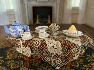 Vintage Miniature Dollhouse Artisan Wood Coffee Table Lace Tea Set Food Diorama