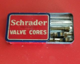 Antique 1920’s 30’s Schrader Tire Valve Cores Tin W/ (3) Valve & Tool Rare
