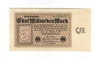 Rare German 5 Billion Mark Weimar Inflation Banknote 1923 Nearly Unc
