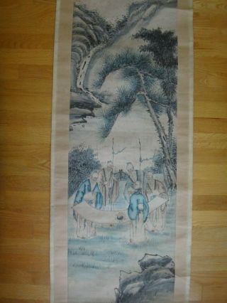 Antique Chinese Ink & Colors on Paper Painting Scholars Gathering HANGING Scroll 2