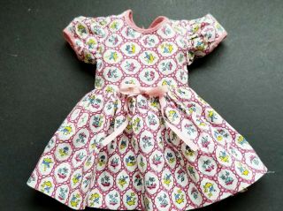 Vintage Pink And White Print Doll Dress With Silk Bow Fits 20 " Doll