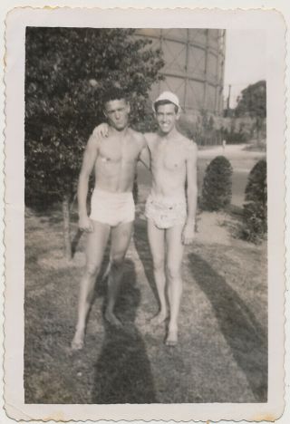 Shirtless Chummy Men W Swimsuit Bulge Vtg Affectionate Buddy Boys Photo Gay Int