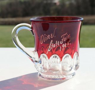 Antique 1905 Oline State Fair Souvenir Ruby Flashed Glass Cup Little Mug Eapg