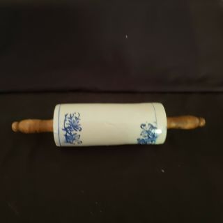 Antique/ Vintage Rolling Pin - White Ceramic W/ Blue Leaf Design Wooden Handles