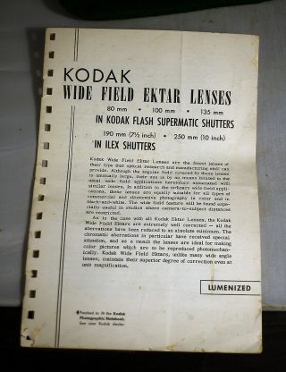 Kodak Wide Field Ektar Lenses Oem 11 Pages Rare Information