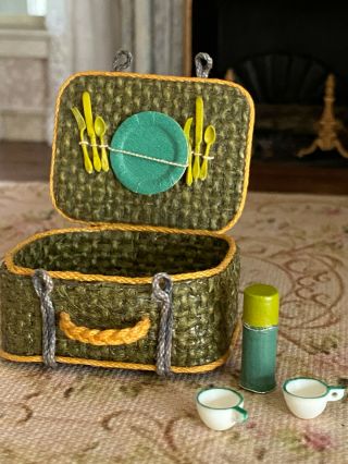 Vintage Miniature Dollhouse Artisan Crafted Filled Green Wicker Picnic Basket