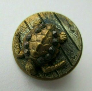 Remarkable Rare Antique Vtg Metal Picture Button Sea Turtle W/ Cut Steels (k)