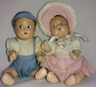Vintage Composition Dolls Set Of 2 Boy & Girl T.  L.  C.