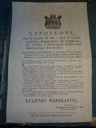 Rare 1809 Affiche Empire Italie Milano Eugene Beauharnais Presse Napoleon