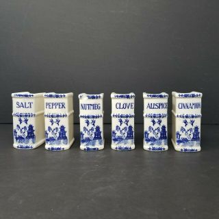 Rare Vintage Nasco Blue Willow Full Set Of 6 Ceramic Spice Jars