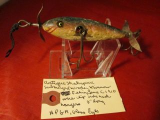 Antique Shakespeare Submerged Wooden Minnow Fishing Lure C1910 Glass Eyes Hpgm