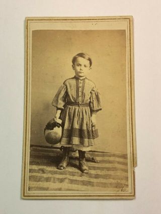 Antique Cdv Photo - Young Boy In Dress & Straw Cap.  W/ 3c Tax Stamp 1864 - 66