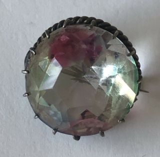 Antique 800 Silver Rainbow Glass Round Pin Brooch 3/4” Wide