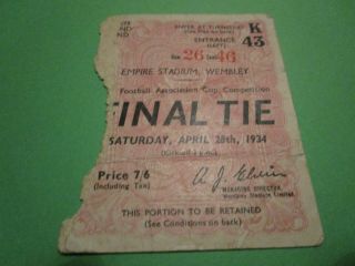 Match Ticket Stub : 1934 F.  A.  Cup Final Manchester City V Portsmouth Rare