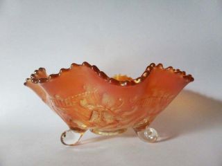 Rare Carnival Glass Tri Footed Bowl,  Marigold Orange 7.  5 Inch Fluted Bowl,  1930s