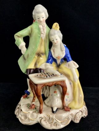Antique Victorian German Dresden Painted Couple Playing Checkers Figurine A,