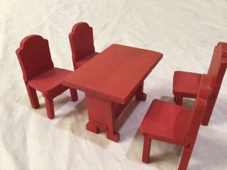 Antique Vintage Strombecker Dining Room Kitchen Table 4 Red Chairs Dollhouse