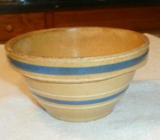Antique Yellow Ware Small Pottery Bowl Blue Bands With White Stripes 5