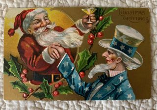 Vintage Antique Patriotic Christmas Santa Uncle Sam Cheers Postcard