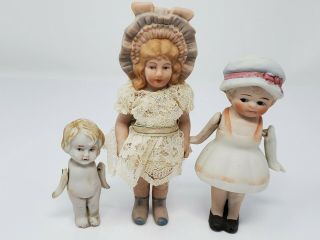 Antique Vtg.  3 - All Bisque Dolls Japan Shackman Bonnet Head Kewpie Jointed Arms