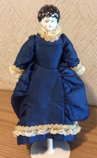 10 " Antique China Porcelain Head Doll Black Molded Hair Blue Dress