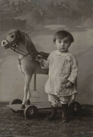 c 1920 ANTIQUE B & W CDV CUTE LITTLE BOY WITH VINTAGE TOY HORSE POLAND OR RUSSIA 2