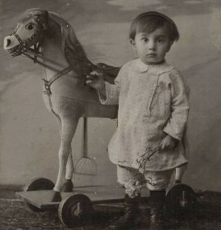 c 1920 ANTIQUE B & W CDV CUTE LITTLE BOY WITH VINTAGE TOY HORSE POLAND OR RUSSIA 3