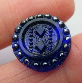 Brilliant Antique Vtg Victorian Cobalt Blue Glass Button Silver Luster Rim (w)