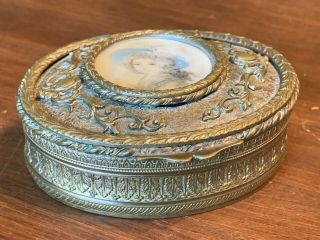 Small Antique Brass Trinket Box With Hand - Painted Motif On Cover