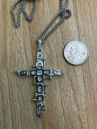 Vtg Rare Sherman Sterling Modernist Brutalist Catholic Cross Pendant Necklace