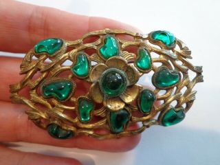 Antique Art Nouveau Green Glass Flower Brooch 3 In