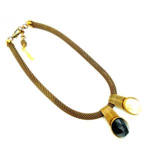 Jan Michaels San Francisco Mesh Necklace Antique Brass Boho Pearl Pendant