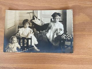 Antique Post Card Photo Little Girls & Dolls Buggy Train Bed Table Chair Tea Set