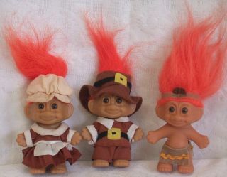 Vintage Russ Thanksgiving Troll Dolls Pilgrims & Native American Orange Hair