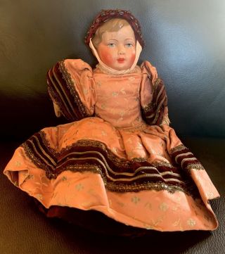 Antique/vintage Doll Celluloid Hand Painted Face - Brocade & Velvet Dress