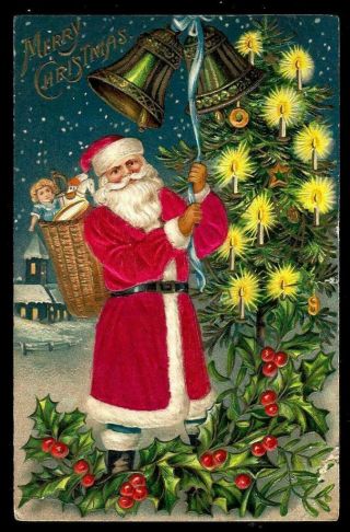 Silk Santa Claus With Basket Of Toys Holly Antique Christmas Postcard - S105